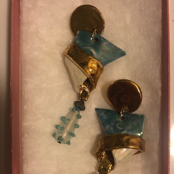 “Beautiful” Gold And Aqua Earrings - Picture 3 of 4